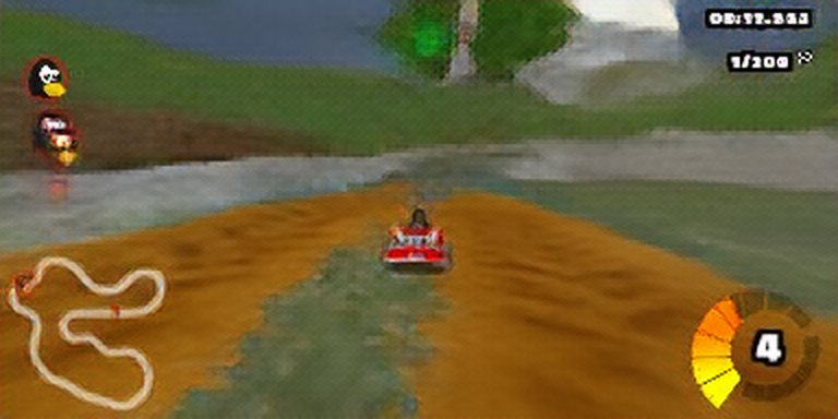 A frame from Neural Drive: a kart on a dirt track with HUD, minimap and speedometer, all generated by the model