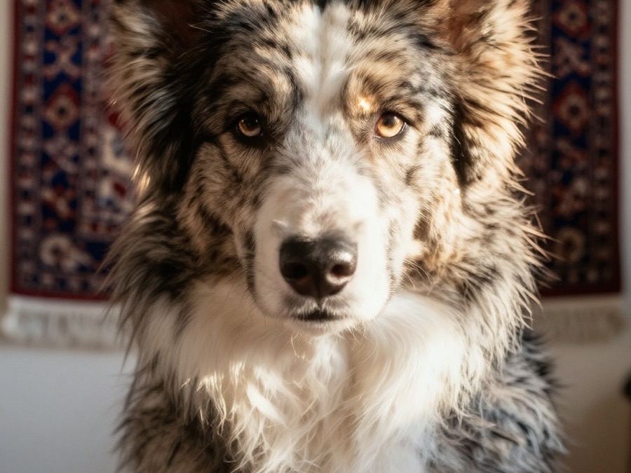 A dog sitting on a patterned rug, the image given to Mage-VL