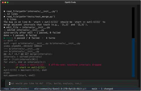 OptiQ Code, a terminal coding agent for local models, running in the terminal