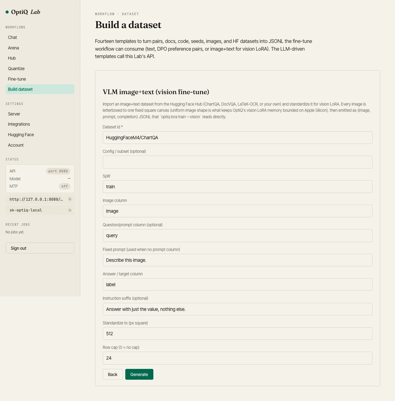 OptiQ Lab Build dataset page, the VLM image+text template. Fields filled for HuggingFaceM4/ChartQA: image column 'image', question column 'query', answer column 'label', a 'Standardize to 512px square' field, and a row cap.