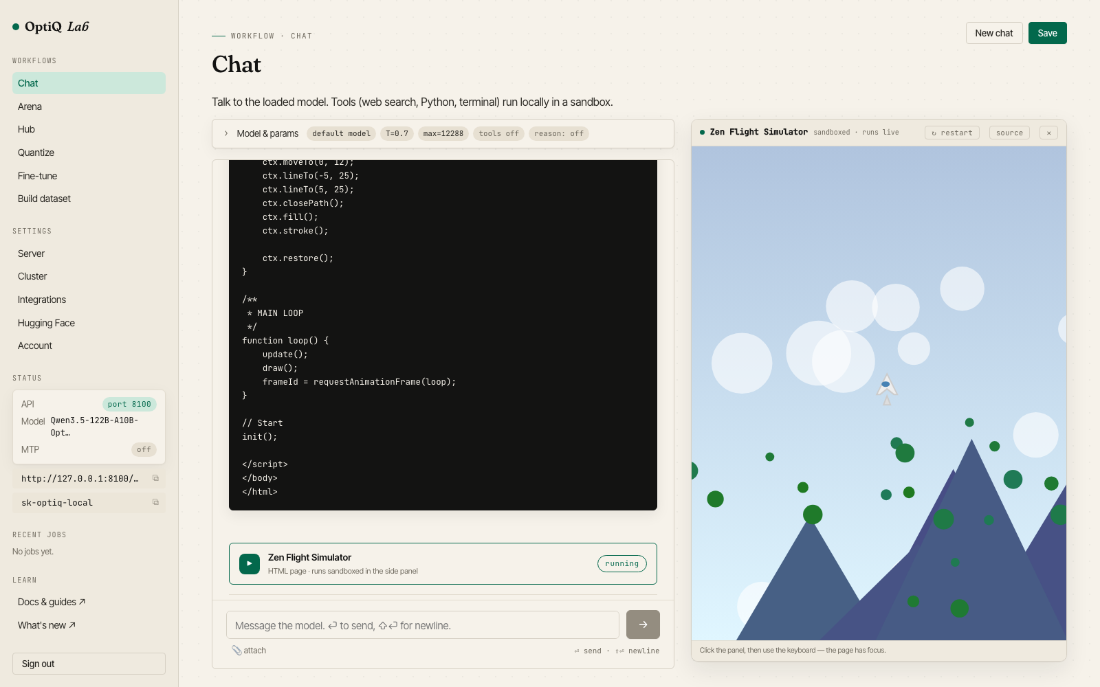 Lab chat streaming code from the sharded 122B, with the resulting page running in the artifact panel