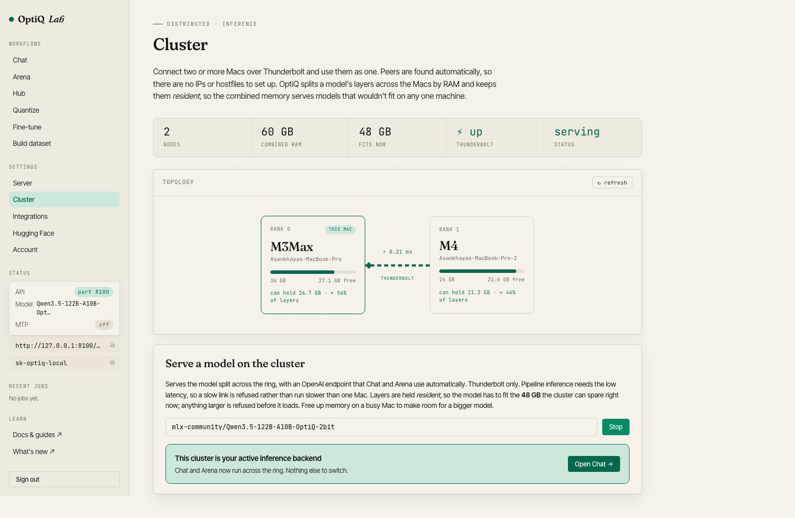 The cluster page after the model has loaded, showing it as the active inference backend