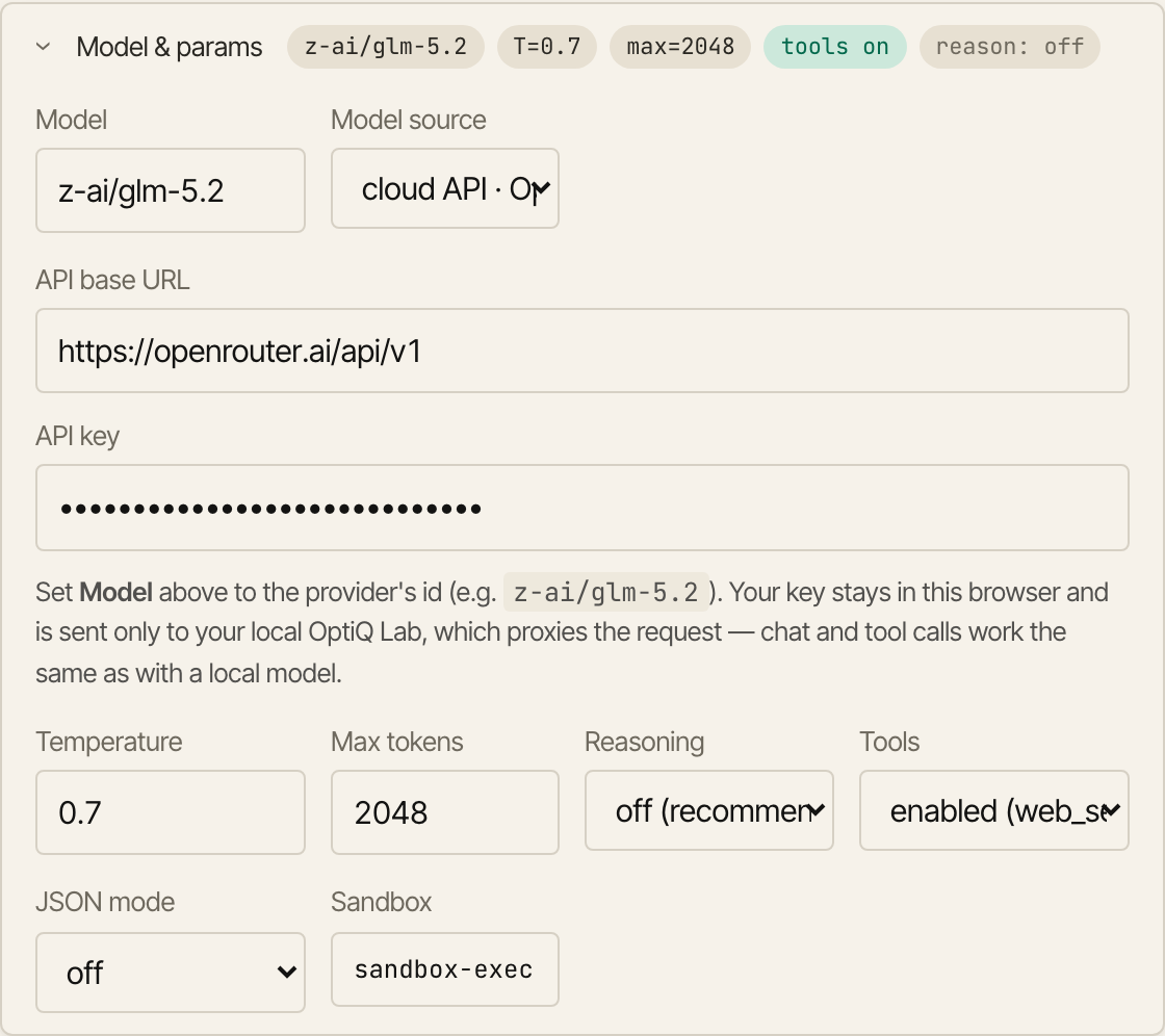 The Lab chat Model & params panel with Model source set to cloud API, an OpenRouter base URL, and an API key entered