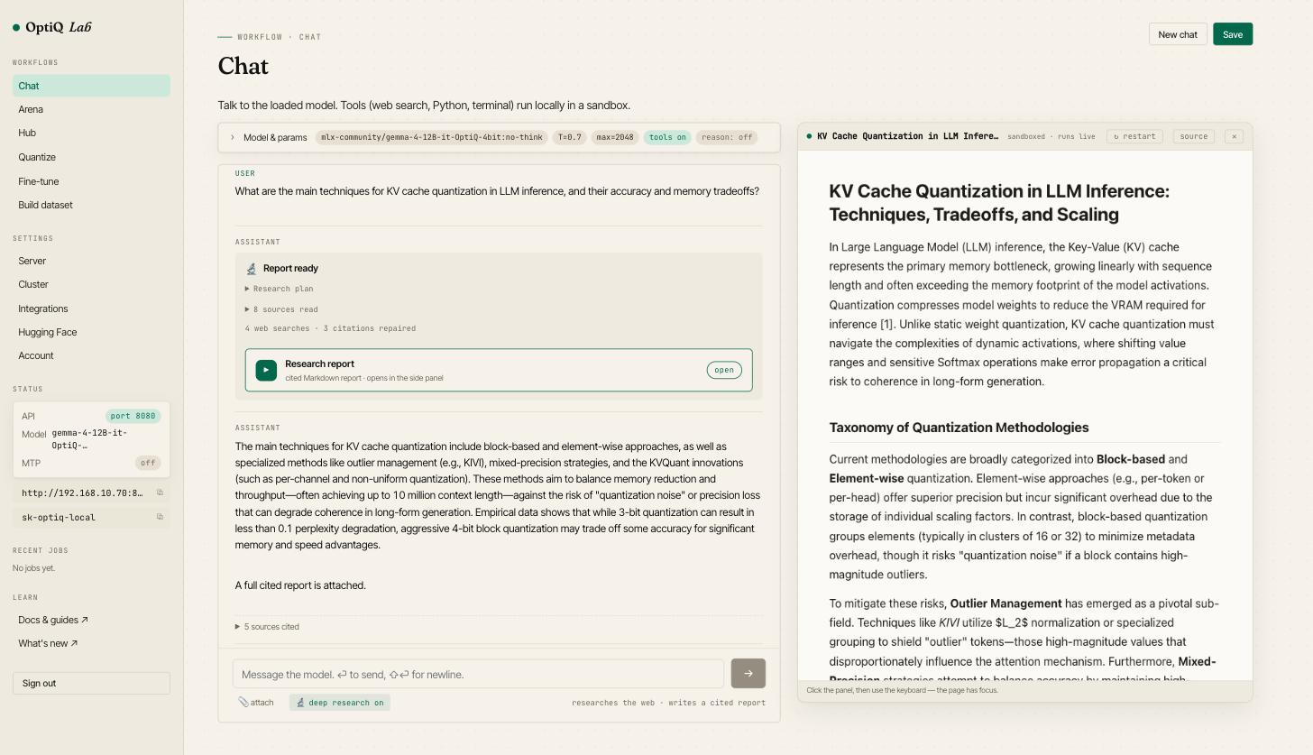 A finished Deep Research run: the trace card reads Report ready, a short answer in the chat, and the cited report rendered in the artifact panel